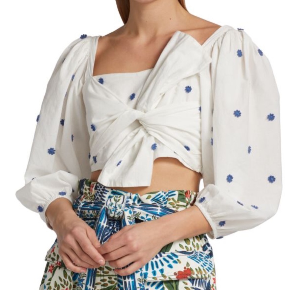 Farm Rio Flower-Embroidered Cotton Crop Top